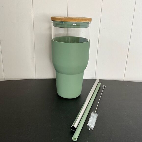 Glass Tumbler Silicone Sleeve Straw Brush 32 Oz BPA Free Green Leak Proof New - Picture 3 of 7